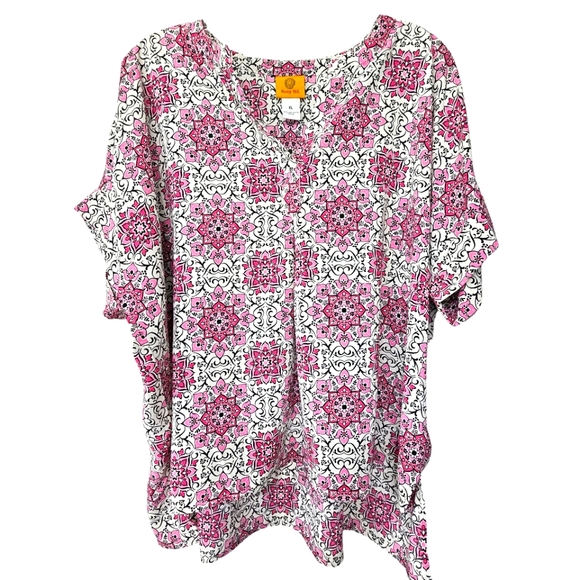 Ruby Red Oh  Happy Day Azalmul Pink/White/Black Tile Mix Shortsleeve Top - Picture 3 of 14